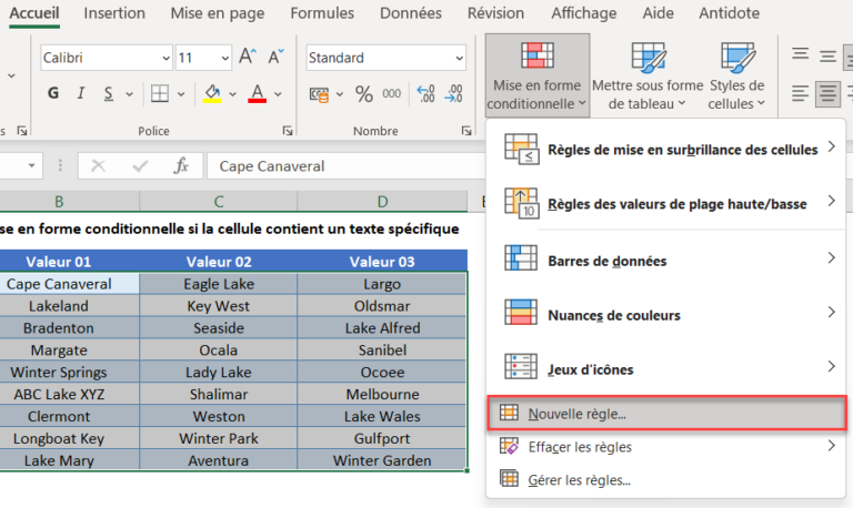 Mise en Forme Conditionnelle si la Cellule Contient un Texte Spécifique