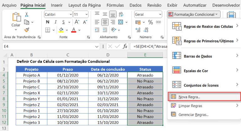 Fórmula SE Definir Cor da Célula Formatação Condicional Excel e