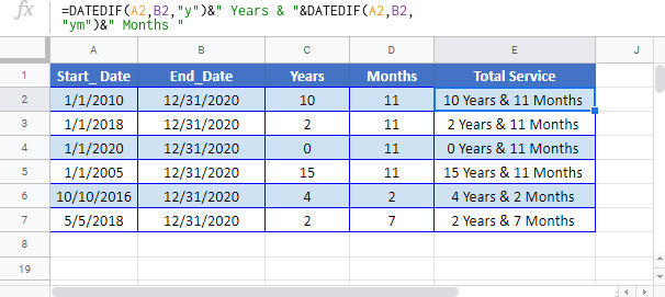 Calculate Years Months Of Service In Excel Google Sheets Automate 