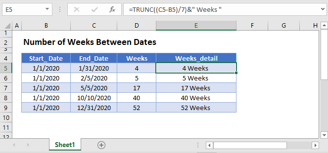 Excel Formula To Figure Out How Many Weeks Between Two Dates 