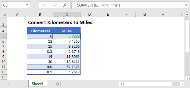 Which function converts miles to kilometers