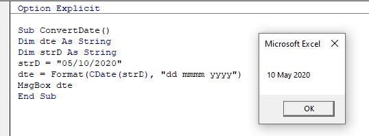 VBA CDate Function Convert String To Date Automate Excel