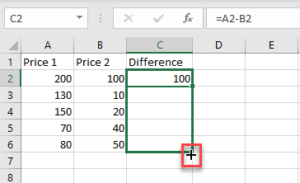 excel formula subtract one column from another