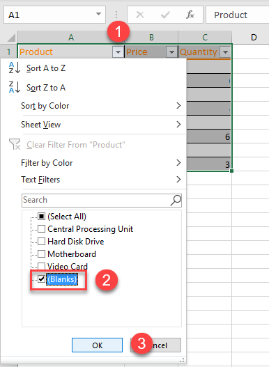 how to filter and delete blank columns in excel