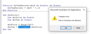 Sub or function not defined vba excel ошибка