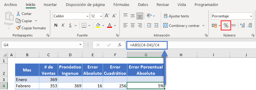 Error Porcentual Absoluto en Excel