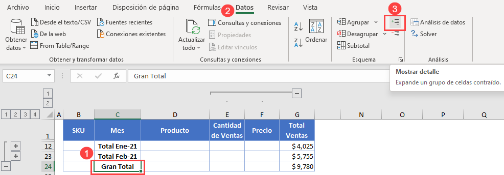 Mostrar Detalle en Excel