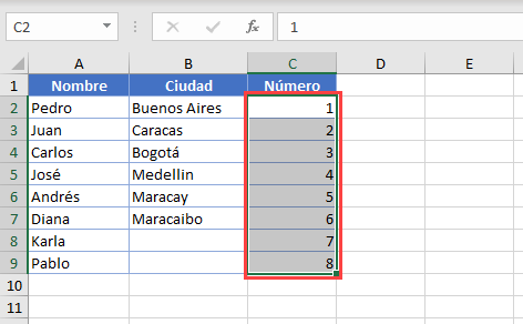 Resultado Relleno Automático Comando de Relleno en Excel