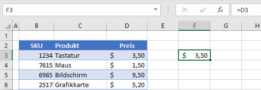 Formel zum Kopieren von Werten in Excel